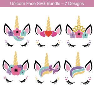 Unicorn Face SVG Bundle with 7 cute unicorn designs for Cricut and Silhouette