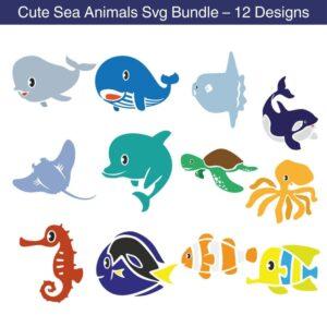 Cute Sea Animals SVG Bundle with 12 ocean animal designs for Cricut and Silhouette