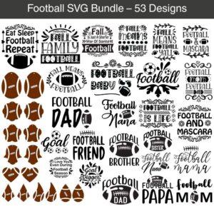 Football SVG Bundle with 53 designs including quotes, football shapes, and typography cut files
