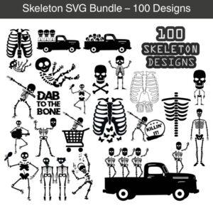 Skeleton SVG Bundle preview showing multiple skeleton designs and graphics for Cricut and Silhouette