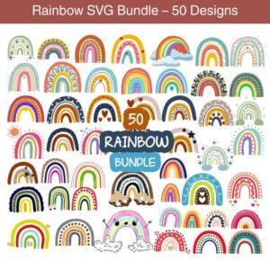 Rainbow SVG Bundle preview showing multiple colorful rainbow designs for Cricut and Silhouette