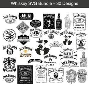Whiskey SVG bundle preview showing multiple vintage whiskey label designs for Cricut, Silhouette, and printing projects