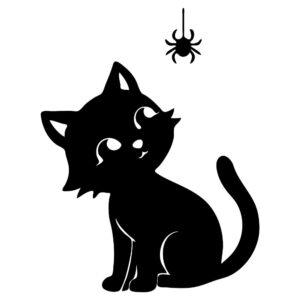 cute halloween cat looking at hanging spider svg